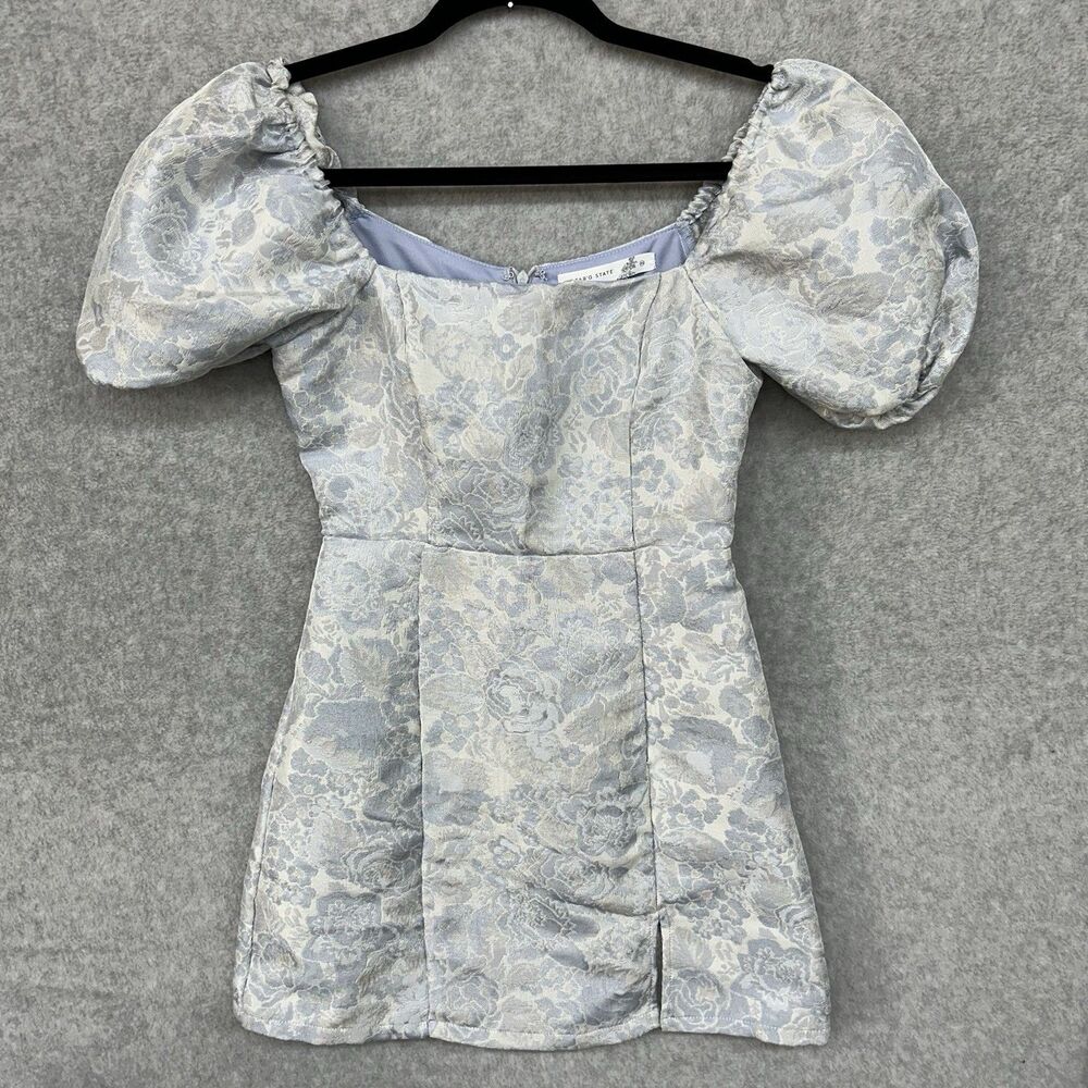 Altar'd State Size XS Blue Ivory Floral Brocade Puff Sleeve Mini Dress